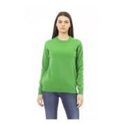 Grøn uld crewneck sweater med metal monogram