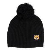 Ensfarvet Teddybjørn Beanie med Logo og Pompoms