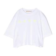 Hvid Cropped T-shirt med Fluorescerende Gul Logo Broderi