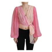 Pink Silke Wrap Langærmet Bluse Top