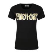 Sort kortærmet T-shirt med gyldent logo til kvinder