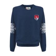 Blå Sweater med Logo Patch og Print