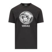 Sort Crew Neck T-shirt med Broderet Medusa Logo