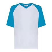 Hvid Ribbet V-hals T-shirt med Blå Ærmer