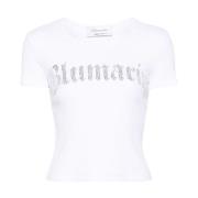 Hvid Ribstrikket T-shirt med Rhinsten Logo