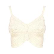 Hvid Ribstrikket Crop Top med Butterfly Wing Broderi