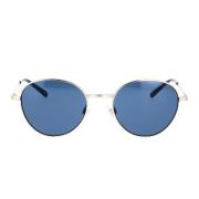Runde solbriller med blå linser og sølvfarvet metalstel