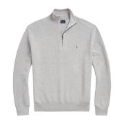 Lysgrå Mesh-Strikket Bomuld Quarter-Zip Sweater