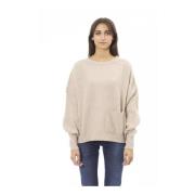 Beige uld crewneck sweater med frontlomme