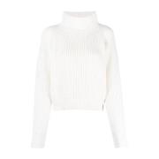 Hvid Strikket Turtleneck Sweatshirt Casual Stil