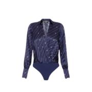 Navy Stribet Silke Bodysuit Bluse