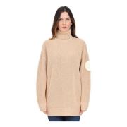 Beige Højhalset Sweater med Logo Patch