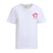 Hvid Blomst Applikation Bomulds T-shirt