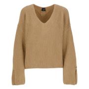 Beige V-Neck Sweater med Logoed Patch