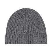 Grå Uld Ribstrikket Beanie Hat