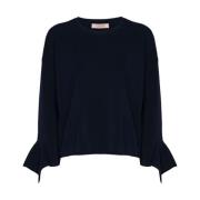 Blå Finstrik Sweater Ruffle Manchetter