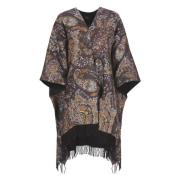 Sort Blomstret Poncho med Frynser