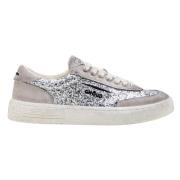 Lav Glitter Sneakers med Sølv Glitter og Beige Ruskind