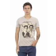 Beige V-hals T-shirt med Frontprint