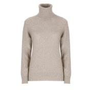 Beige Paillet Sweater Høj Hals Lange Ærmer