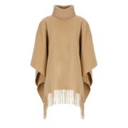 Beige Uld Silke Cape med Frynser