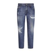 Blå Distressed Straight-Leg Denim Jeans