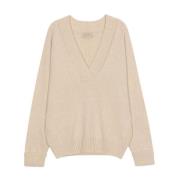 Beige Wrap Jersey med Dyb V-Hals og Ribdetaljer