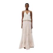 Beige Maxi Kjole med Dyb V-Hals