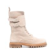 Beige Ruskind Mid-Calf Snørestøvler