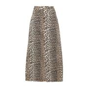 Leopard Print Denim Midi Nederdel