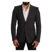 Sort Stribet Slim Fit Uldfrakke Blazer