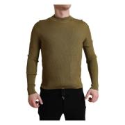 Army Green Viskose Sweater med Rund Hals