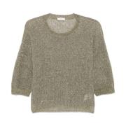 Grøn Paillet Rund Hals Sweater