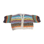 Stribet Bouclé Cardigan Kort Ærme Oversized Flagermusærme