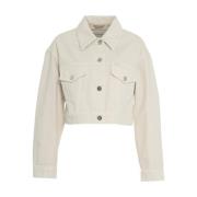 Beige Cropped Denim Jacket med Stilfuld Krave