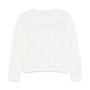 Hvid Ribstrikket Sweater Rund Hals Lange Ærmer