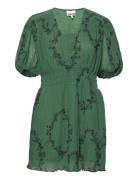 Pleated Georgette V-Neck Smock Mini Dress Ganni Green