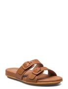 Gracie Rubber-Buckle Two-Bar Leather Slides FitFlop Brown
