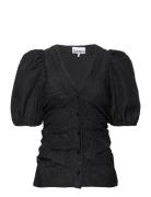 Jacquard Organza Gathered V-Neck Blouse Ganni Black