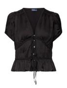 Braided-Trim Pleated Satin Peplum Top Polo Ralph Lauren Black