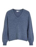 Vibeluna V-Neck Rev L/S Knit Top - Noos Vila Blue