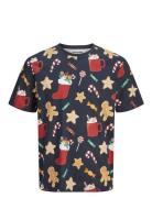 Jjxmas Merry Aop Tee Ss Crew Neck Jack & J S Navy