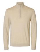 Slhtray Ls Knit Merino Half Zip Noos Selected Homme Beige