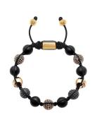 Men's Beaded Bracelet With Matte Onyx And Black/Gold Cz Diam Nialaya G...