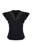 Lace-Trim Jersey Flutter-Sleeve Tee Lauren Ralph Lauren Black