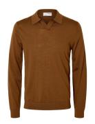 Slhtray Ls Knit Merino Open Polo Selected Brown