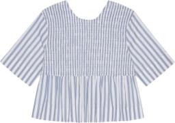 Ganni Stripe Cotton Open Back Smock Blous Kvinde Egret Kortærmede Blus...