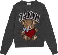 Ganni Graphic Wool Mix Bear Crewneck Kvinde Gray Quill Sweaters Str L ...