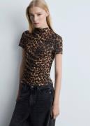 MANGO Leopard Tshirt With Ruffled Detail Kvinde Brown Kortærmede T-shi...