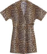 Ganni Printed Cotton Wrap Mini Dress Kvinde Leopard Korte Kjoler Str 3...